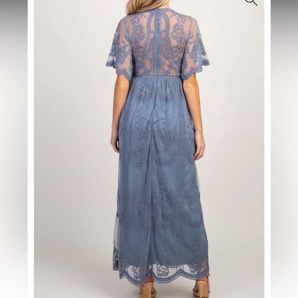 PinkBlush Blue Lace Mesh Overlay Maternity Maxi Dress - Picture 3 of 9